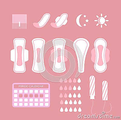 Vector illustration of feminine hygiene icons set. Cartoon flat design of sanitary pads, tampons, calendar and Vector Illustration