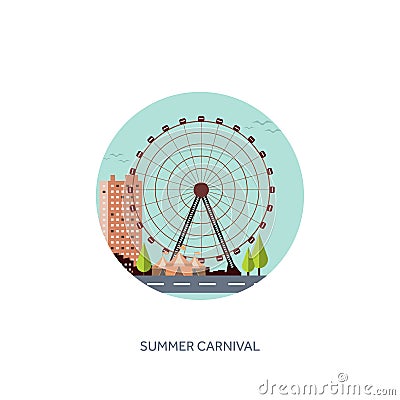 Vector illustration. Ferris wheel. Summer carnival. Funfair background. Circus park with roller coaster. Vector Illustration