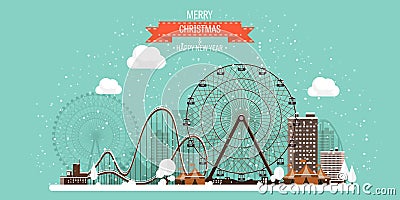 Vector illustration. Ferris wheel. Winter carnival. Christmas new year. Park with snow. Vector Illustration