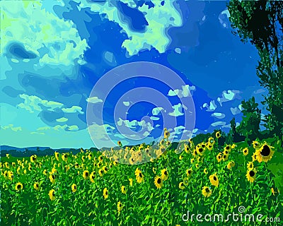 Vector illustration of a field of sunflowers. Cartoon Illustration