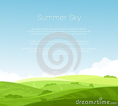 Vector illustration of fields landscape with beautiful dawn, green hills, bright color blue sky with place for your text Vector Illustration