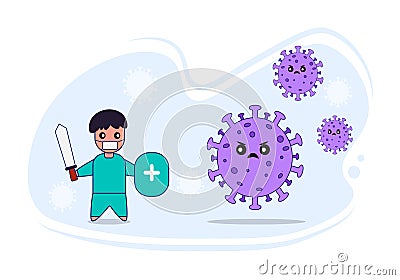 Vector illustration man fight covid-1 corona virus. cure corona virus. people fight virus concept. corona viruses vaccine concept. Vector Illustration