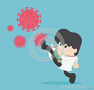 Vector illustration fight virus. cure corona virus. Doctor super kick covid-19 Vector Illustration