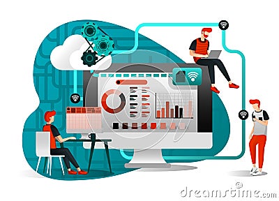 Vector illustration of file storage technology, sharing, remote worker, network industry 4.0. people sharing work file. cloud impr Vector Illustration