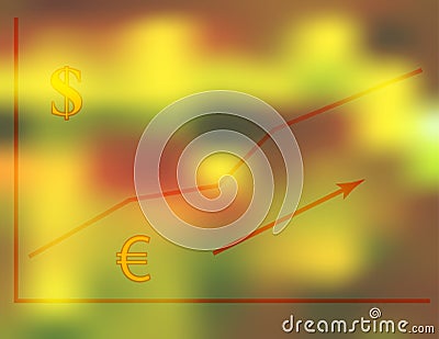 Vector illustration of a financial growth chart with dollar and euro symbols on a blurred red green gold background, technical tra Cartoon Illustration