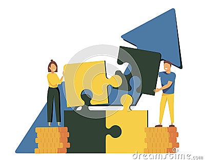 Vector illustration, financial management concept, statistics and business report, small people like jigsaw Cartoon Illustration