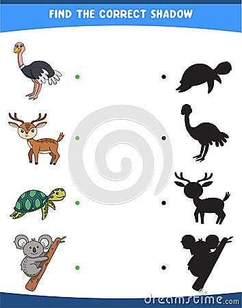 vector illustration finding the correct shadow wild animals ostrich deer turtle koala Vector Illustration