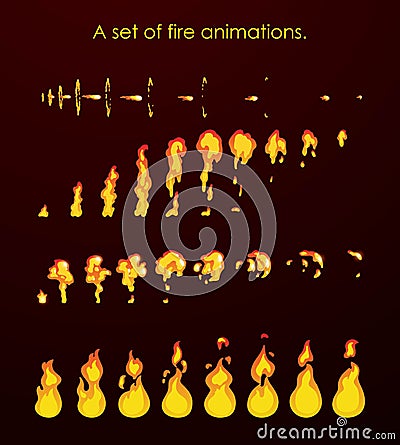 Fire animation sprites. A set of animations for a game or a cartoon. Vector Illustration