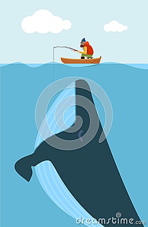 Vector illustration of fisherman and huge whale. Cartoon Illustration