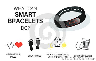 What can smart bracelets do. Vector concept fitness tracker, smart watch, sport and healthy lifestyle. Vector Illustration