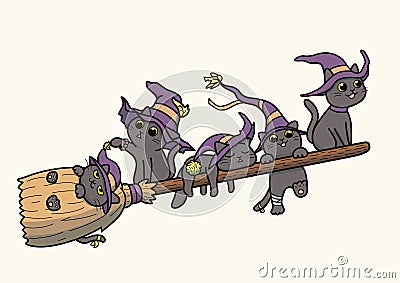 Black witch cats flying on a broomstick â€“ vector cartoon Vector Illustration