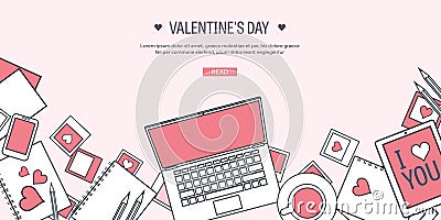 Vector illustration. Flat background with computer, laptop. Love and hearts. Valentines day. Be my valentine. 14 Vector Illustration