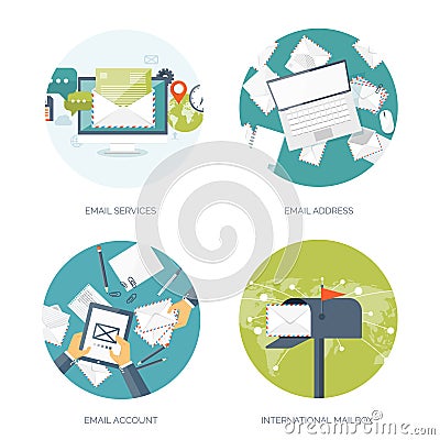 Vector illustration. Flat background with envelope. Emailing concept background. Spam, sms writing.Lettering. New Vector Illustration