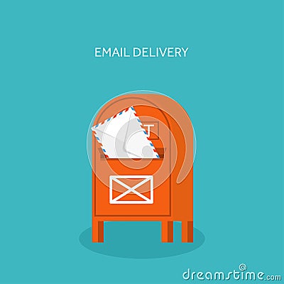 Vector illustration. Flat background with envelope. Emailing concept background. Spam and sms writing.Lettering. Mailbox Vector Illustration