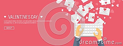 Vector illustration. Flat background with keyboard and envelope. Love and hearts. Valentines day. Be my valentine. 14 Vector Illustration