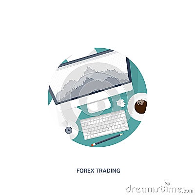 Vector illustration. Flat background. Market trade. Trading platform account. Moneymaking business. Analysis and Vector Illustration
