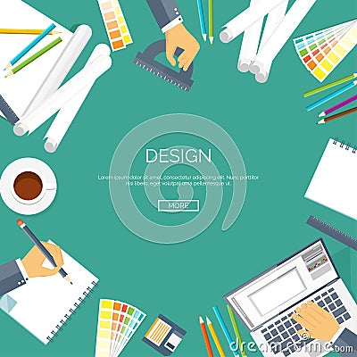 Vector illustration flat background. Web design drawing, painting. Project planning.Paperwork. Vector Illustration