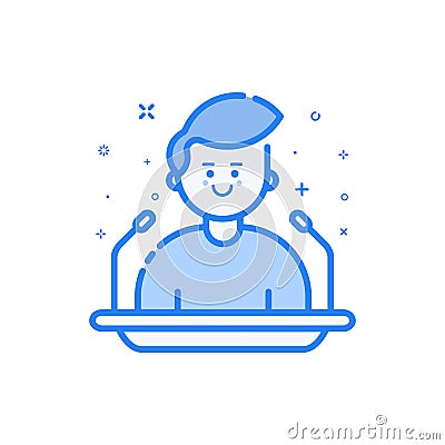 Vector illustration in flat bold linear style with boy - orator speaking from tribune. Vector Illustration