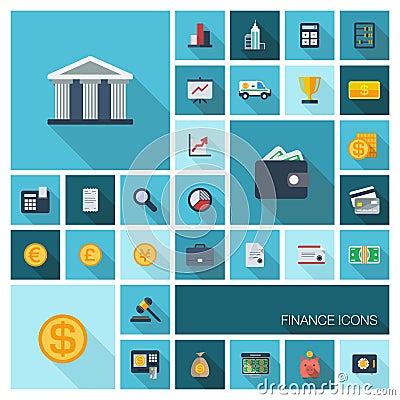 Vector illustration of flat color icons with long shadow for finance and banking Vector Illustration