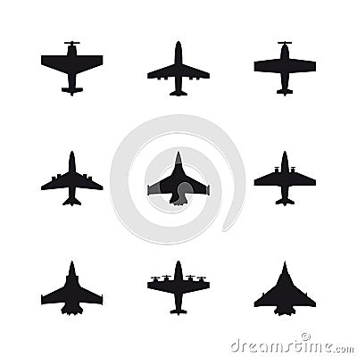 Airplane symbols set. Aircraft, plane, jet black icons. Vector Illustration