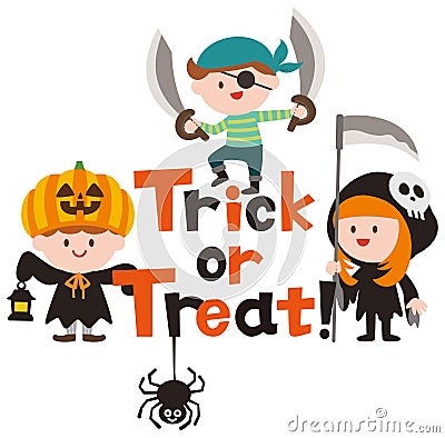 Halloween logo design and cute cartoon children. Vector Illustration