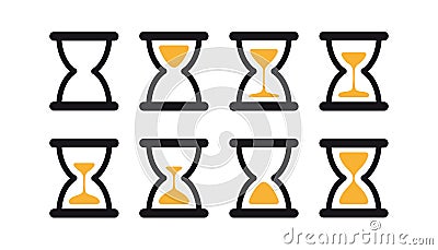 Set of hourglass sprites illustration for animation frames. Black sand clocks and timers collection on white background. Vector Illustration