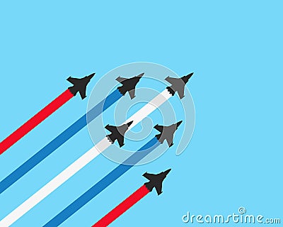 Military fighter jets with trails on a blue background. Vector airplane show illustration Vector Illustration