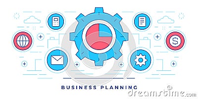 Vector illustration of flat line banner with gear and icons for modern website offering business planning services Vector Illustration