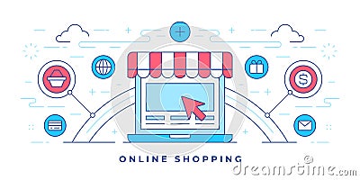 Vector illustration of flat line banner with icons around store shaped laptop for website promoting online shopping Vector Illustration