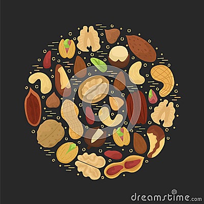 Vector illustration with flat nuts arranged in a circle shape Vector Illustration