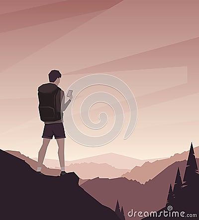 Flat outdoor mountains landscape with young man traveler and hiker on foreground Vector Illustration