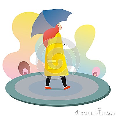 Vector illustration in flat simple style - autumn concept - girl walking in the rain in orange coat with umbrella Vector Illustration