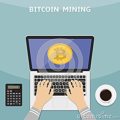 Vector illustration in flat style. Bitcoin and cryptocurrency concept. Hands with laptop and mining digital money app on the scree Vector Illustration
