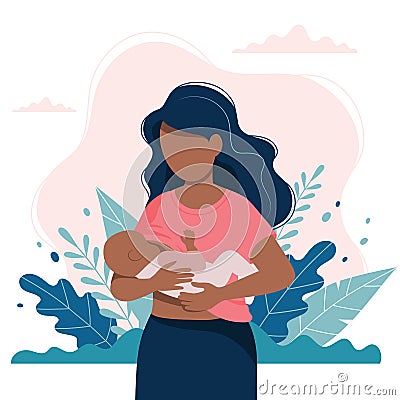Black woman breastfeeding a baby with nature and leaves background. Concept vector illustration in flat style. Vector Illustration