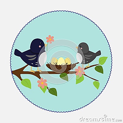 Vector illustration in flat style. Branch nest and birds Vector Illustration