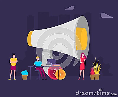 Vector illustration, flat style, business promotion, advertising, call through the horn, online alerting Vector Illustration