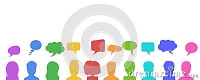 Vector illustration in flat style, businessmen discussion in social networks, news or chat dialogue speech bubbles. Cartoon Illustration