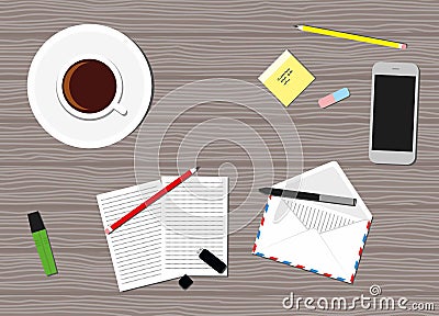 Flat Style Contemporary Design. Top view of the office workplace. Icon of mobile phone, coffee cup, pencil, papers Vector Illustration