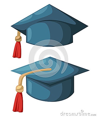 Vector illustration in flat style design Isolated on white background Graduation cap or hat illustration in the flat style. Cartoon Illustration