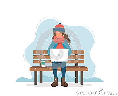 Girl with computer on bench in winter with coffee. Cute vector illustration in flat style Vector Illustration