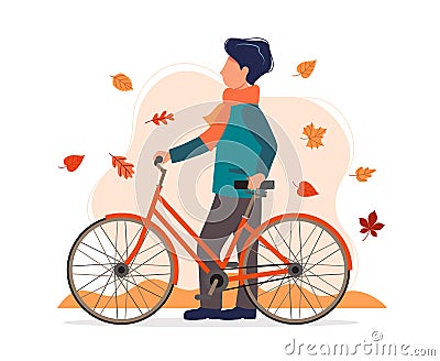Man with a bike in autumn. Vector illustration in flat style Vector Illustration