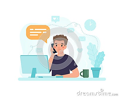 Man sitting at a desk with computer responding to a call. Vector illustration in flat style Vector Illustration