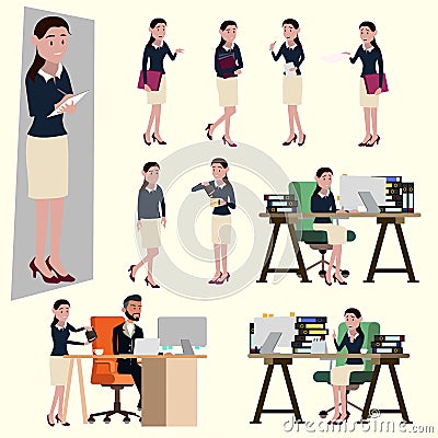 Vector illustration in a flat style of office salary woman in working uniform. Many action of the happy woman Cartoon Illustration