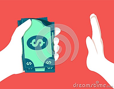 Vector illustration in flat style and red color for stop corruption concept. Hand giving bribe in cash. Vector Illustration