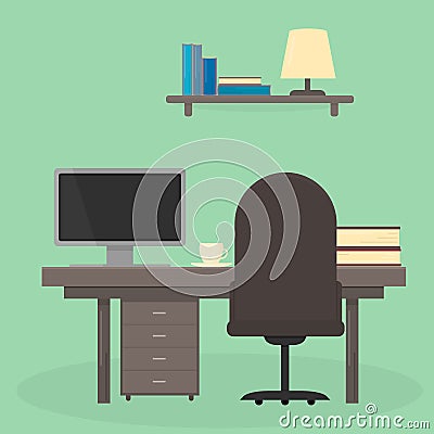 Vector illustration in flat style of table with computer, books and cup, bookshelf with lamp, and desk chair. Workplace of the Vector Illustration