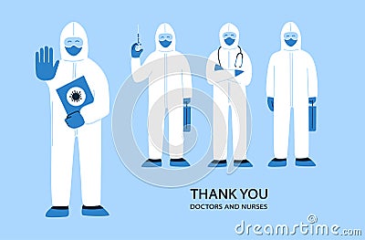 Vector illustration in flat style. Thank you doctors and nurses helping people to cope with novel coronavirus COVID-19 Vector Illustration