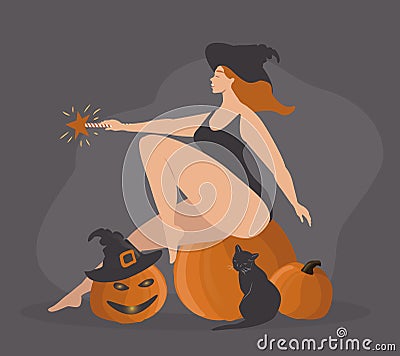 Illustration in a flat style on the theme of halloween. young red-haired witch sits surrounded by pumpkins Vector Illustration