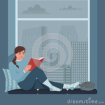 Woman reading book, sitting in windowsill. Hobby, relax, resting, at home concept. Rainy weather, autumn season. Vector Vector Illustration