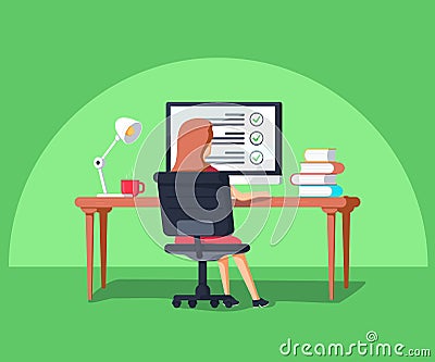 Vector illustration in flat style. Woman sitting at the computer. Outsource project manager working remotely. Vector Illustration