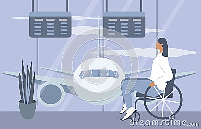 Illustration in a flat style - a woman, who use wheelchair in the waiting room of the airport Vector Illustration